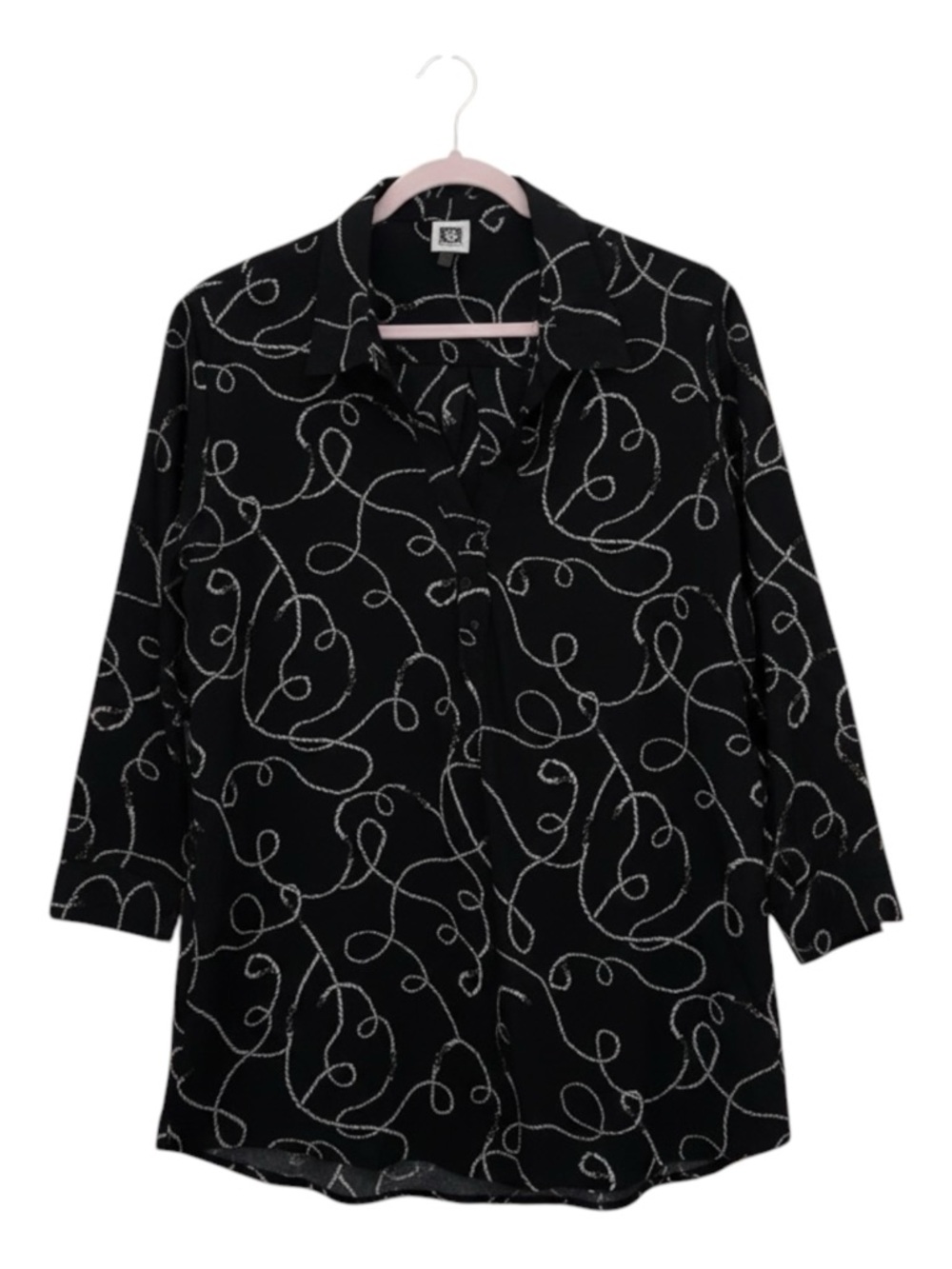 Anne Klein Black & White Baroque Print Button-Down Tunic Shirt